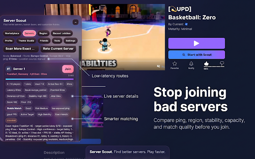 Roblox Server Scout :: Roblox Server Scout helps you find better servers, use Quick Play, rejoin recent lobbies, customize themes, and access player tools.