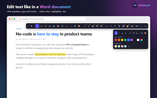 WebMorph - Live Web Page Editor :: Modify live websites in seconds. Change text, hide elements, replace images, adjust layouts, annotate pages and export mockups.
