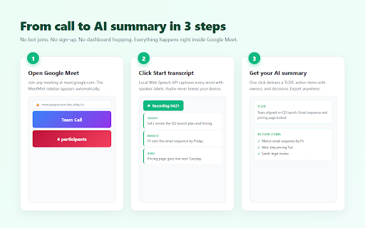 MeetMint - Google Meet Transcript :: Get a Google Meet transcript with AI summary & action items. No bot joins your call. Free 30 min/day forever.