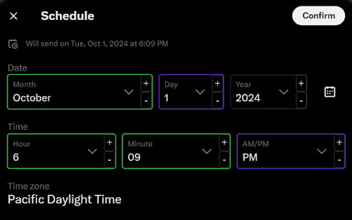 𝕏 Schedule Helper :: Remembers previously schedule post date for x.com and adds dropdown incrementing buttons.