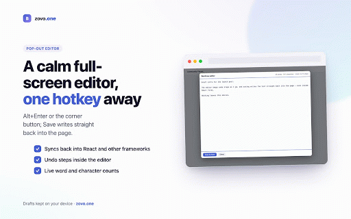 BoxGrow — Textarea Auto-Grow & Pop-Out Editor :: Auto-grow text boxes as you type, pop out into a full-page editor, and restore drafts after a reload. Nothing leaves your device.
