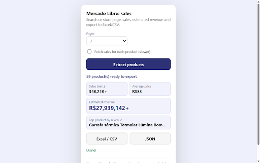 Mercado Livre Scraper: vendas e exportar para Excel/CSV :: Veja vendas e faturamento estimado dos anúncios do Mercado Livre e exporte a busca para Excel/CSV em 1 clique.