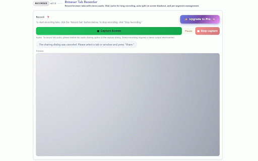 Browser Tab Recorder :: Record browser tabs with stereo audio. Disk cache for long recording, auto split on screen blackout, and per-segment management.