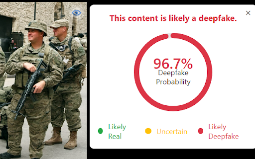 RealEyes.ai — Detect Deepfakes Across Online Platforms :: Adds an overlay icon on images which allows the image to be analyzed for deepfake manipulation