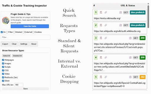 Traffic & Cookie Tracking Inspector :: Logs HTTP requests in a sidebar with cookie tracking, filtering, and export functionality.