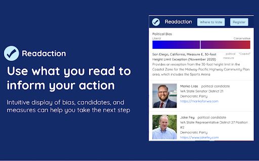 Readaction :: Readaction highlights political candidates, initiatives, and bias within news articles to motivate people to act on what they read!