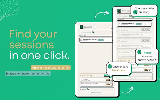 KeepS – Gestionnaire d'onglets et de sessions Chrome :: Sauvegardez des sessions de navigation complètes, gelez des onglets pour plus tard et restaurez votre espace de travail.