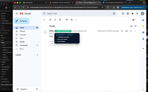 BLOCKTRUST TrustScan pour Gmail :: Vérifiez l'identité des expéditeurs et signez vos emails dans Gmail. Anti-usurpation, badges certifiés et signature BIS BLOCKTRUST™.