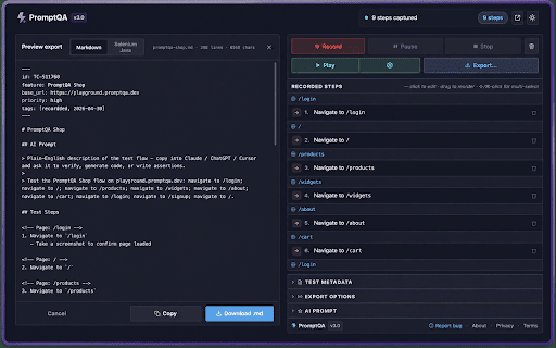 PromptQA Recorder :: Record browser flows · inspect elements with the locator picker · AI test authoring · export Playwright, Cypress or Selenium