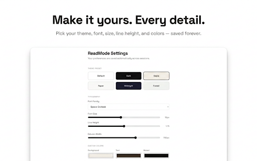 ReadMode :: Transform any article, blog post, or thread into a beautiful, distraction-free reading experience with customizable themes.