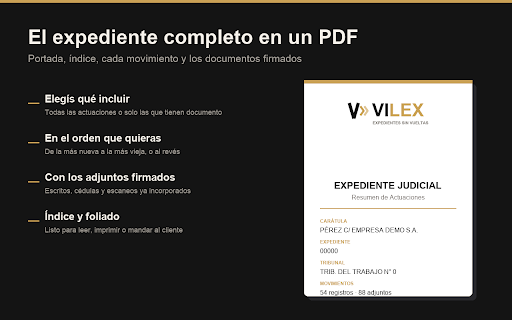 VILEX — Expedientes sin vueltas :: Buscá tus causas de MEV y PJN, mirá las novedades y descargá el expediente completo en un solo PDF.