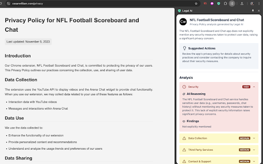 Legal AI: Privacy Policy Analyzer :: Legal AI analyzes privacy policies in real-time, providing risk assessments across key privacy dimensions.