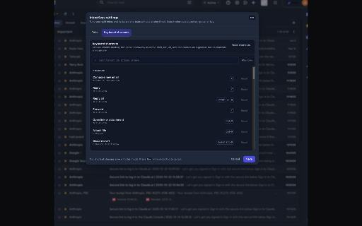 Inbox Keys: Gmail command palette, hotkeys, split inbox & calendar :: Open-source Cmd+K command palette, keyboard shortcuts, split-inbox tabs, account switching, and a calendar key for Gmail.