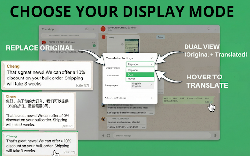 Translator for WhatsApp™ Web: Private, Unlimited & Local AI :: Private & Unlimited Translator for WhatsApp™ Web. No account or registration. Works with Local AI, Ollama, DeepL & GPT.