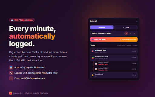 Dopamodoro - ADHD Pomodoro Timer & AI Focus Coach :: Pomodoro built for ADHD brains. Dopamine-positive focus sessions with an AI coach, session journal, streaks, and achievements.