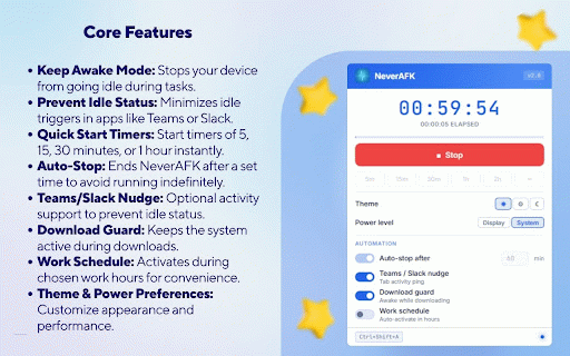 NeverAFK – Keep Awake, Prevent Idle & Stay Active :: Keep your screen awake, prevent Teams & Slack idle status, auto-stop timer, download guard & work schedule. Lightweight & private.