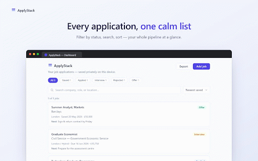 ApplyStack :: Privacy-first job page saver and application tracker. Local-only: no account, no backend, no tracking.