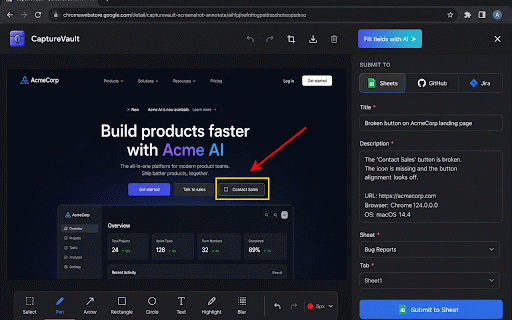CaptureVault: AI Screenshot Recorder & Bug Reports :: Capture, annotate, and AI-fill bug reports — send to Sheets, Drive, GitHub, or Jira in a few clicks.