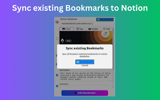 NotionMark - AI Bookmark to notion :: Bookmark tabs to notion with AI-generated properties e.g Summary, Categories, Description, Tags. Capture screenshot. Sync bookmarks