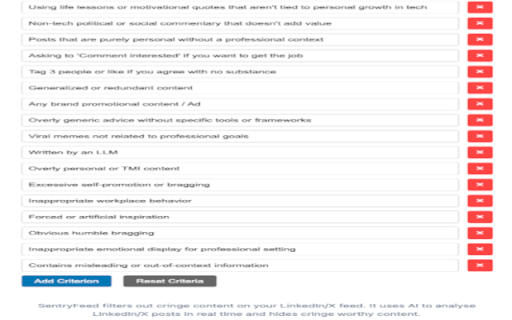 SentryFeed: filter out cringe content on your LinkedIn/X feed using AI :: AI-powered Chrome extension that filters cringe, clickbait & low-value posts from your LinkedIn/X feed in real-time.