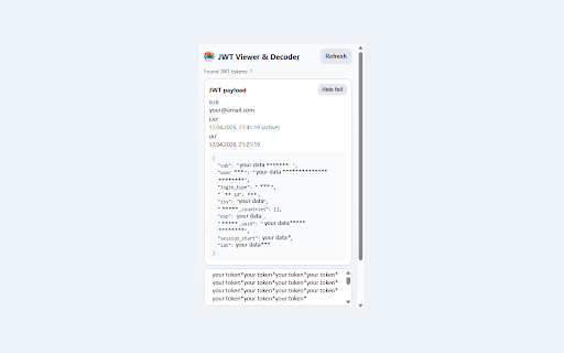 JWT Viewer & Decoder :: Finds, displays, decodes, and copies JWT tokens on the current page.