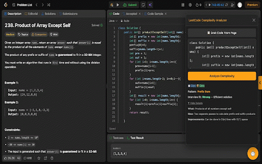 LeetCode Complexity Analyzer :: Instantly analyze time & space complexity of your LeetCode code with AI. Floating chatbot + popup support.
