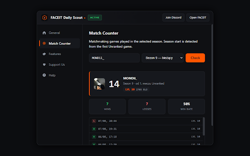 FACEIT Daily Scout :: Season match counter and today's form scanner for every player in your FACEIT lobby.