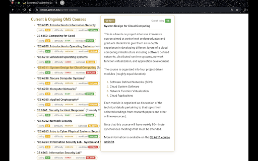 Georgia Tech OMSCS Radar :: See community ratings, difficulty, and workload right on the Georgia Tech OMSCS course catalog.