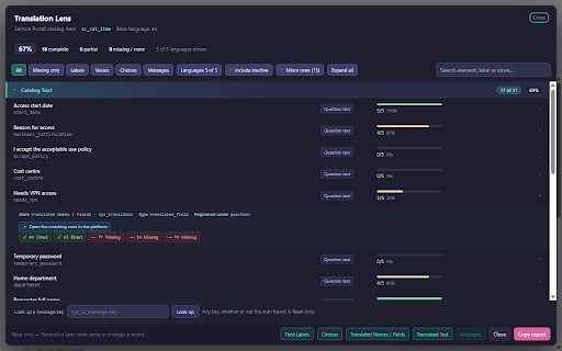 GlideLens :: A lens on ServiceNow forms, catalogs and code: code search, catalog debugging, translation inheritance, form tracing.