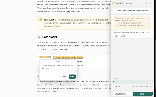 Noteback :: Give your AI feedback on the docs it writes: highlight text, attach comments, copy as Markdown or save a feedback canvas.