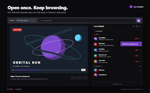 Live Sidebar - Twitch & YouTube Live Tracker :: Track Twitch & YouTube live streams in Chrome's side panel. See who's live, get notifications & pin favorites. No new tabs needed.