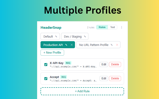 HeaderSnap :: Inspect and modify HTTP request headers per URL pattern. Clean ModHeader replacement.
