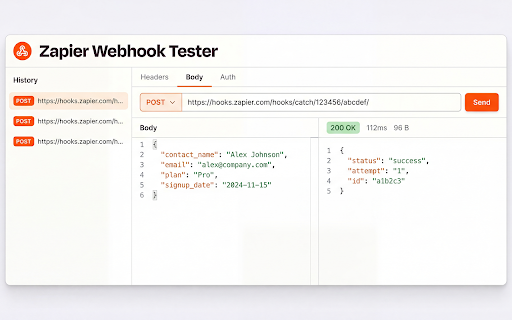 Zapier Webhook Tester - Debug & Test Zap Automation Triggers :: Test & debug Zapier webhook URLs and Zap triggers. Send HTTP requests, import cURL, inspect responses. Free Zapier tool.