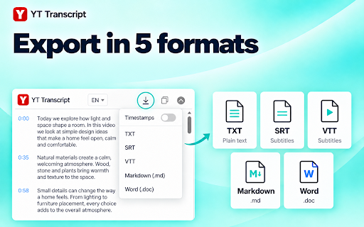YT Transcript :: Use YT Transcript to read YouTube captions, copy video text, and download subtitles in TXT, SRT, VTT, Markdown or Word.