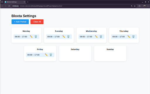 Bloxta :: A productivity add-on that blocks distracting websites during scheduled hours.