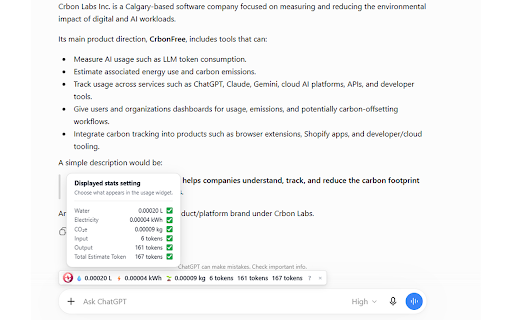 CrbonFree :: Track your AI usage and estimate the electricity, CO2e and water behind ChatGPT, Claude and Gemini.