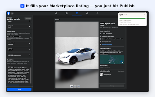 Spiff :: Scrape a vehicle from a dealership page and auto-fill the Facebook Marketplace vehicle listing form for review.