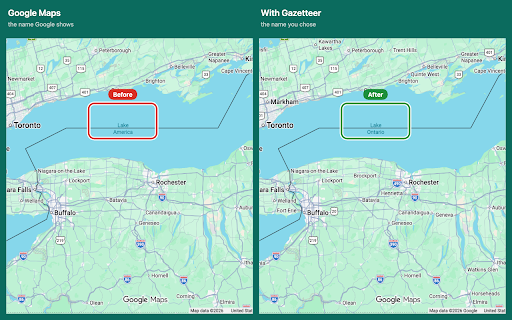 Gazetteer - Rename Google Maps places :: Decide what Google Maps calls things. Restore the Gulf of Mexico, Lake Ontario, or rename any place, on the map and in the page.