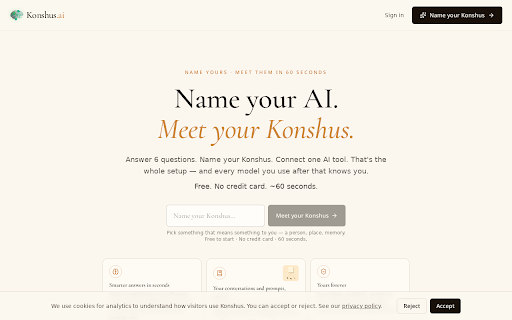 Konshus :: Back up AI chats and inject your Konshus Whisper into ChatGPT, Claude, Gemini, and Perplexity threads.