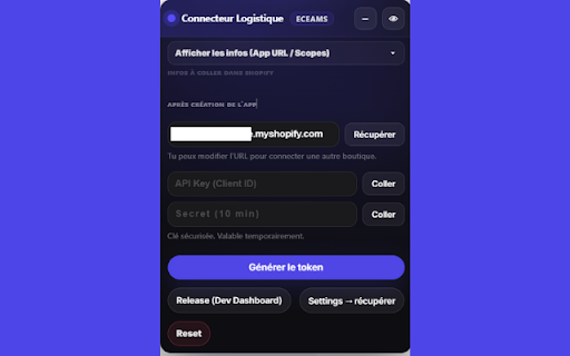 ECEAMS – Shopify Connector :: Connexion Shopify sans changer d'onglet. App URL, scopes, génération du token via ECEAMS.