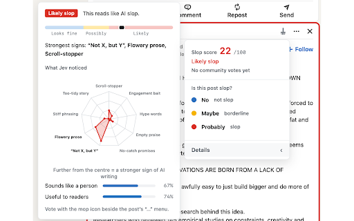 Slop Mop :: Mop the slop out of your LinkedIn feed. Folds or highlights low-value posts and shows why. Not an AI detector.