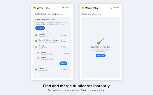 Merge Duplicate Tabs :: Find and merge duplicate Chrome tabs with a polished, lightweight popup.