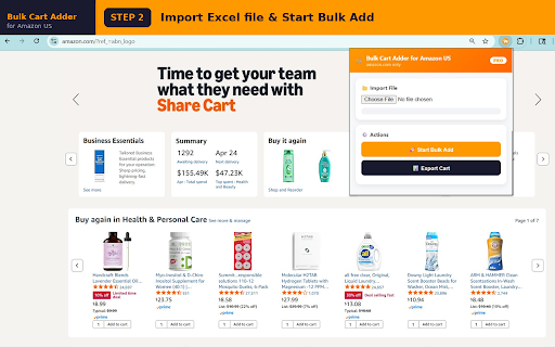 Bulk Cart Adder for Amazon US :: Bulk add products to Amazon US cart from Excel/CSV. Detects unavailable items. Exports cart report with prices & totals.
