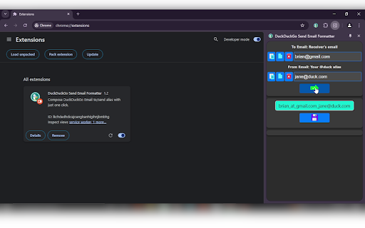 DuckDuckGo Send Email Formatter :: Generate DuckDuckGo Email special recipient address (brian_at_gmail.com_jane@duck.com) with just one click.