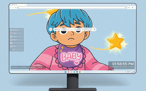 Baby Saja Kpop Demon Hunters Live Wallpaper :: Adorable blue-haired Baby Saja with tired expression wearing cute purple bib on soft background.