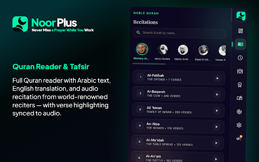 Noor Plus - Islamic Prayer Reminder :: A premium glassmorphic Islamic sidebar providing prayer timings, Adhan calls, Quran recitations, and a Dhikr counter.