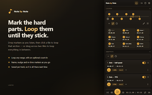 Note by Note ♪ Pitch Shifter ♯ Transpose ♭ Slow Down ⏱ Loop ⟳ Vocal Remover :: Practice music with pitch, speed, loops, and snippets on any audio or video.