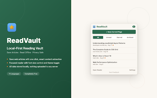ReadVault :: Local-first reading vault. Save articles, read offline, capture session snapshots. Your data stays on your device.
