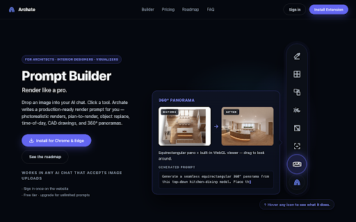 Archate — Architect Prompt Builder :: Architect-grade render prompts for any AI chat. Drop an image, click a tool, paste a render-ready prompt.
