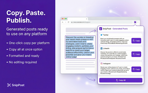 SnipPost: AI Writing Assistant for Social Media Posts :: Turn any selected text into AI-generated social media posts. One click. Zero effort. For Twitter, LinkedIn, Instagram & more.